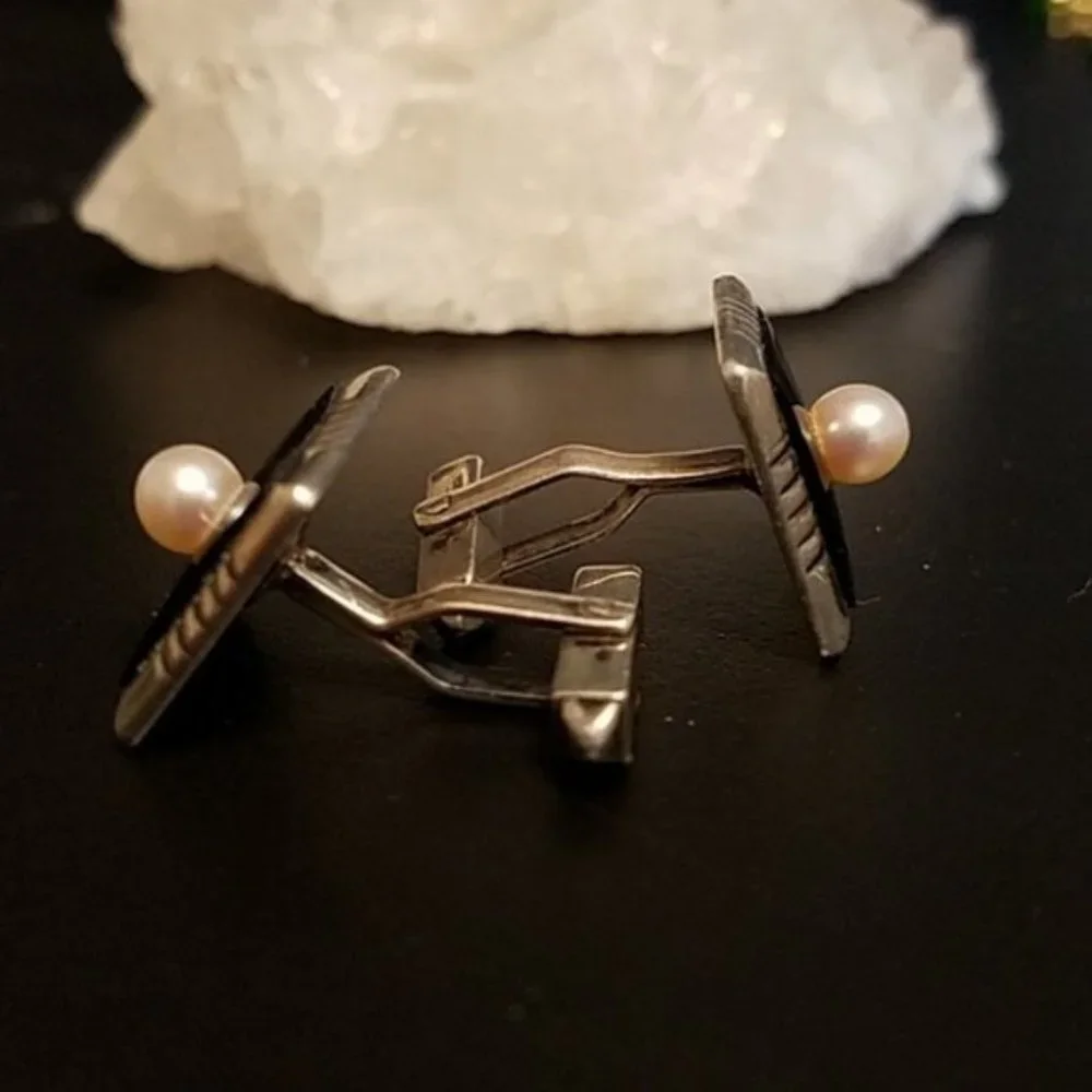 Vintage Sterling Cultured Pearl Black Onyx Cuff Links